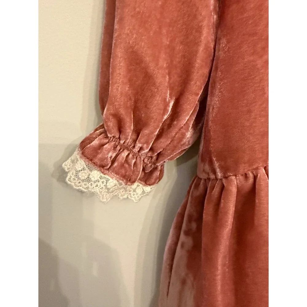 Laura Ashley Kids Pink Velvet Dress Peter Pan Collar Lace Trim Long Sleeve 4Y